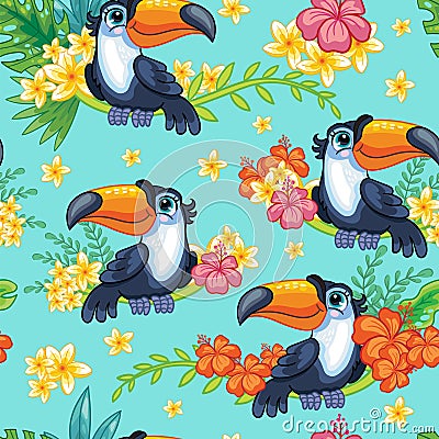 Seamless tropical pattern with cute toucans vector Vector Illustration