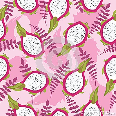 Seamless tropical pattern with fresh sliced dragon fruit and leaves on pink background. Abstract tasty fruit wallpaper. Vector Illustration