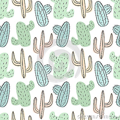 Seamless tropical pattern with green, blue and yellow cacti. Vector summer exotic illustration of a flamingo and a cactus for kids Cartoon Illustration