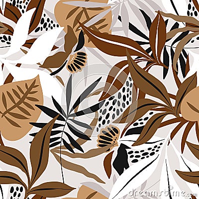 Seamless tropical pattern with hand drawn plants, leaves, textures. Jungle fashion summer background. Perfect for fabric design, Cartoon Illustration