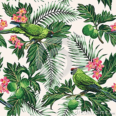 Seamless tropical pattern with leaves, flowers and parrots. Vector Illustration