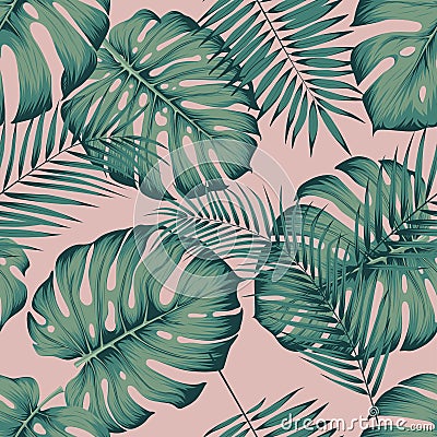 Seamless tropical pattern with leaves monstera and areca palm leaf on a pink background Vector Illustration