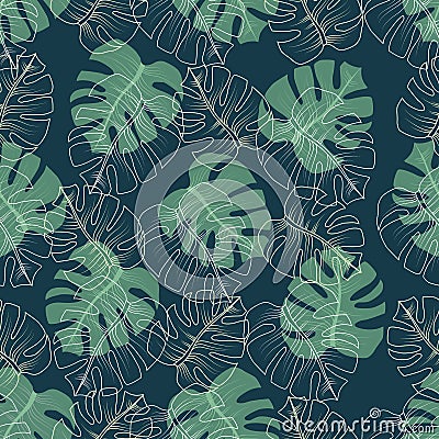 Seamless tropical pattern with leaves monstera line art on a navy blue background Vector Illustration