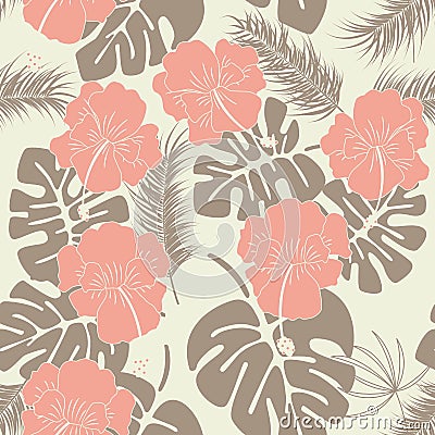 Seamless tropical pattern with monstera leaves and flowers on vanilla background Vector Illustration