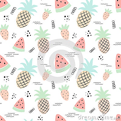 Seamless tropical pattern with pineapple, watermelon, strawberry. Vector summer illustration of a flamingo for kids, textiles, Cartoon Illustration