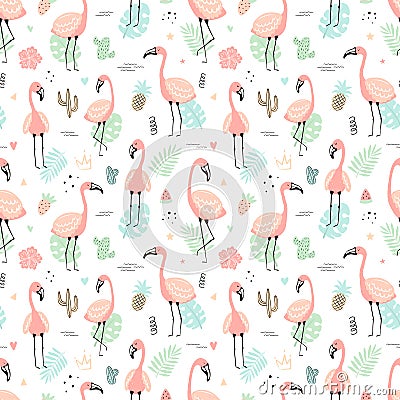 Seamless tropical pattern with pink flamingos and leaves, cacti, fruit, flowers. Vector summer hand-drawn illustration of a Cartoon Illustration