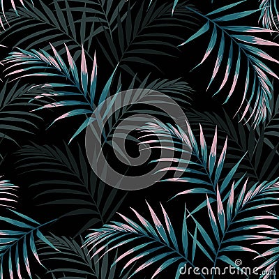 Seamless tropical pattern, vivid tropic foliage, with dark and pink palm leaves. Stock Photo