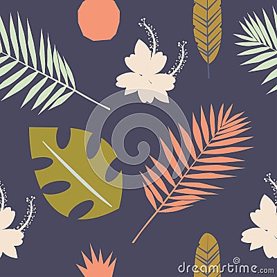 Seamless tropical pattern with wild flowers, herbs and leaves. Floral design with plants as texture, fabric, clothes. Vector illus Vector Illustration