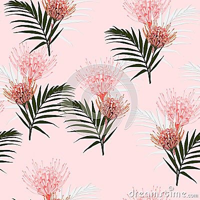 Seamless tropical protea flowers and palm leaves pattern on bright pink background. Stock Photo