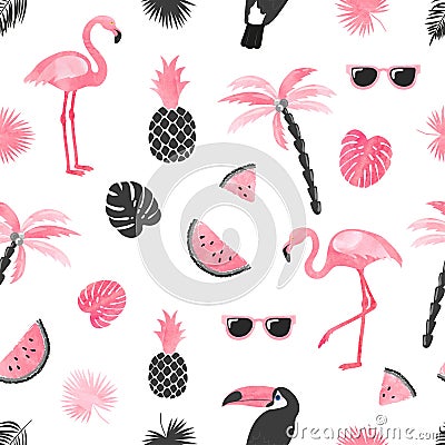 Seamless tropical trendy pattern with watercolor flamingo, watermelon slices and palm leaves. Vector Illustration