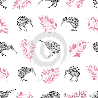 Seamless tropical trendy pattern with watercolor kiwi birds and palm leaves. Vector Illustration