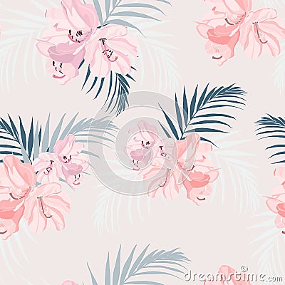 Seamless tropical vector pattern with paradise pink rhododendron flowers and exotic palm leaves on tender peach background. Stock Photo