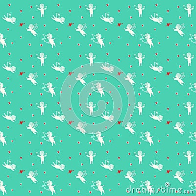 Seamless turquoise background with angels and hearts Vector Illustration