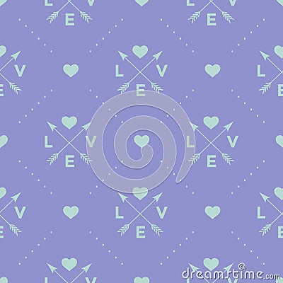 Seamless turquoise pattern with arrow, heart and word Love on a violet background. Vector illustration. Vector Illustration