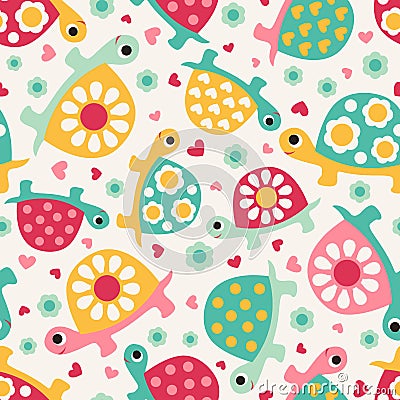 Seamless cute turtle cartoon print with floral pattern on white background Vector Illustration