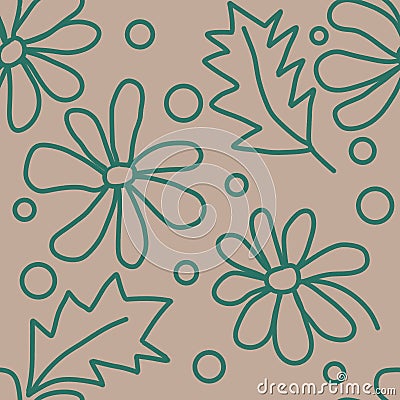 Seamless two-tone pattern of abstract flowers, leaves and circles for textiles. Stock Photo