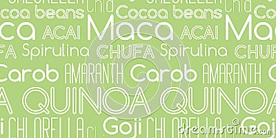 Seamless typography pattern. Superfood names outlined and bold Vector Illustration