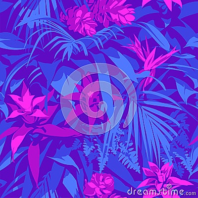 Seamless Ultraviolet Hawaiian tropical pattern with, palm leaves and flowers. Vector Illustration