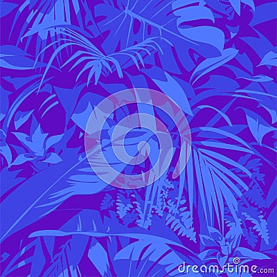 Seamless Ultraviolet Hawaiian tropical pattern with, palm leaves and flowers. Vector Illustration