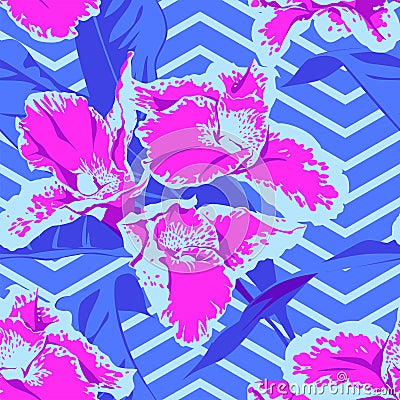 Seamless Ultraviolet Hawaiian tropical pattern with, palm leaves and flowers. Vector Illustration