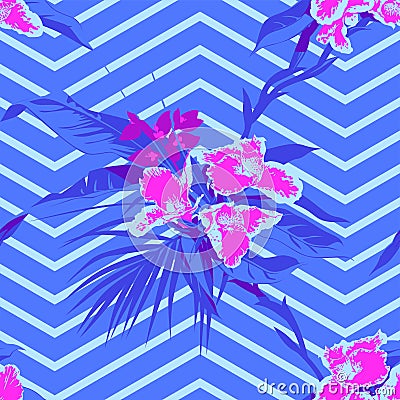 Seamless Ultraviolet Hawaiian tropical pattern with, palm leaves and flowers. Vector Illustration