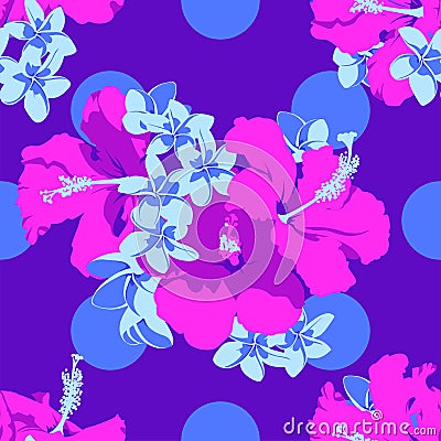 Seamless Ultraviolet Hawaiian tropical pattern with, palm leaves and flowers. Vector Illustration