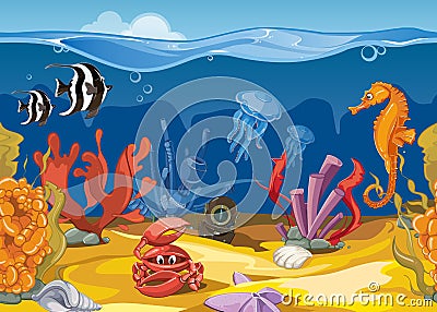 Seamless underwater landscape in cartoon style. Vector illustration Vector Illustration