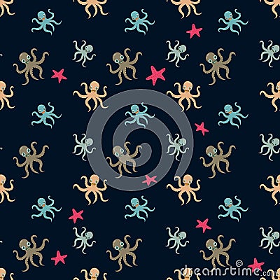 Seamless underwater pattern with cute octopuses Vector cartoon illustration Vector Illustration