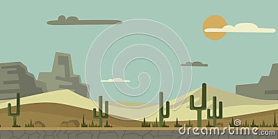 Seamless unending background for game or animation. Desert landscape with cactus, stones and mountains in the background Vector Illustration