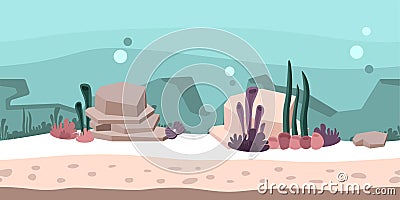 Seamless unending background for game or animation. Underwater world with rocks, seaweed and coral. Vector illustration Vector Illustration