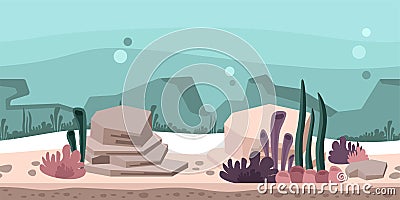 Seamless unending background for game or animation. Underwater world with rocks, seaweed and coral. Vector illustration Vector Illustration