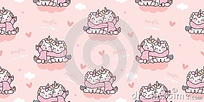 Seamless unicorn couple lover fairy cartoon cute Pony Child on cloud animal pattern Vector Illustration