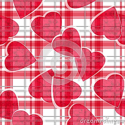 Seamless Valentines Day red hearts white ckeckered plaid pattern Stock Photo