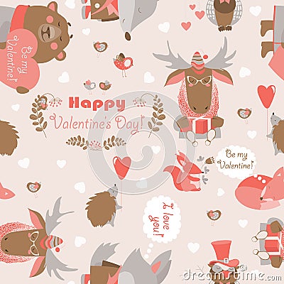 Seamless Valentines pattern with fun animals, hearts and flowers Vector Illustration