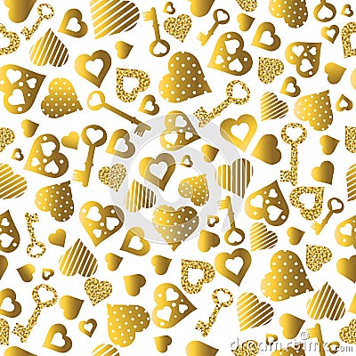 Seamless valentines pattern with golden glittering hearts and keys. Gold Seamless pattern. Repeatable valentines day design. Can Vector Illustration