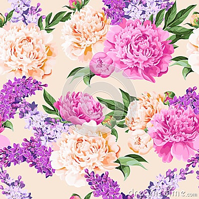 Seamless varicolored peonies and lilac Vector Illustration