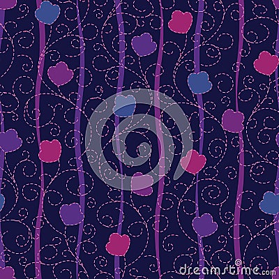 Seamless vector abstract floral pattern with small flowers and embroidery in blue, pink, purple colors on wave background. Endless Vector Illustration