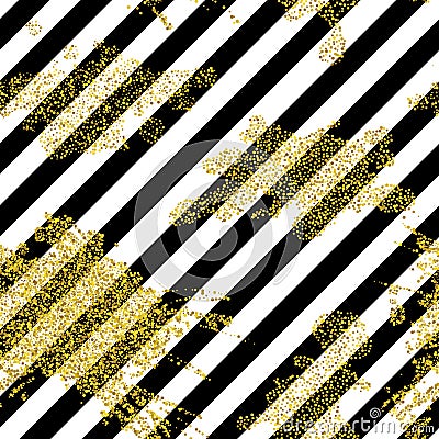 Seamless vector with abstract glitter splash textute on black and white stripes. Golden vintage background. Vector Illustration