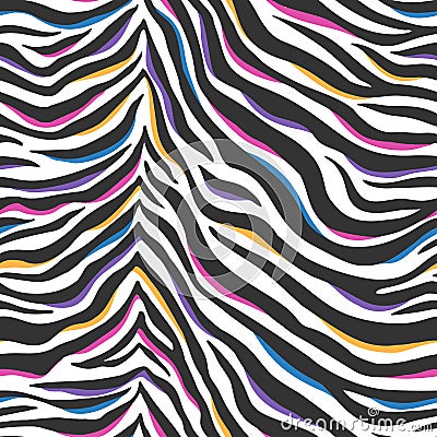 Seamless vector abstract pattern featuring a zebra print design with black and white stripes accented by pink, blue Vector Illustration