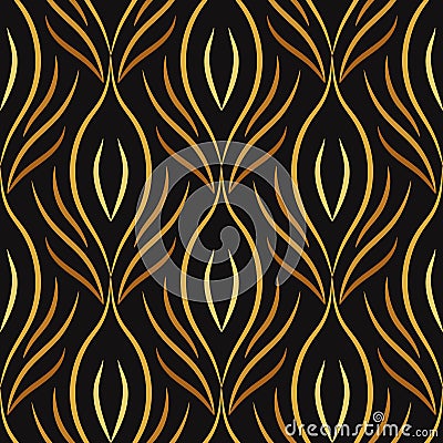 Seamless vector abstract pattern with floral motif in monochrome gold-brown colors on black background. Endless print in retro Vector Illustration