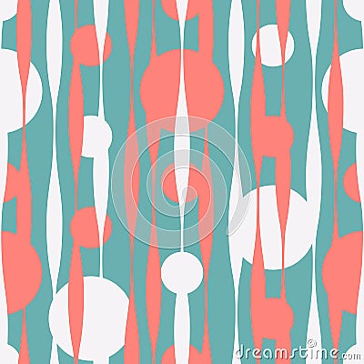 Seamless vector abstract pattern with wavy lines and polka dot backdrop in pastel pink and white colors on blue background. Vector Illustration