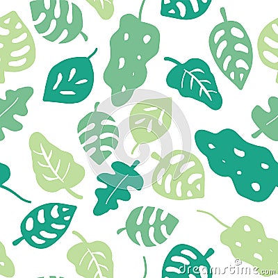 Seamless vector background green leaves. Leaves in shades of green on a white background. Hand drawn tropical leaves pattern. Vector Illustration