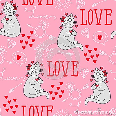 Seamless vector background with hearts, arrows, ringlets, cats, love. illustration for fabric, scrapbooking paper and other Vector Illustration