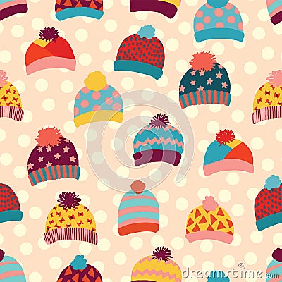 Seamless vector background knitted wool hats. Warm winter clothes wear pattern. Hand drawn cozy and warm accessories. Scandinavian Vector Illustration