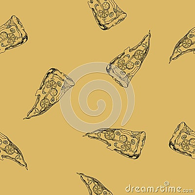 Seamless vector background, slice of pizza. Hand-drawn Vector Illustration