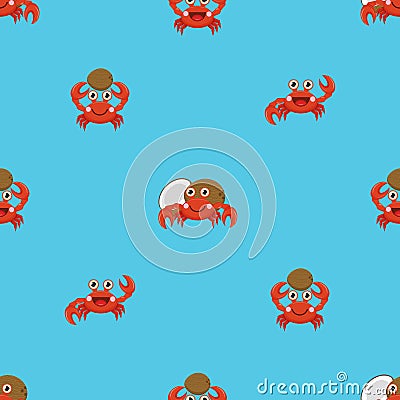 Seamless vector background with tiny cartoon crabs and coconuts Vector Illustration