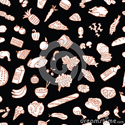 Seamless vector background of various drawn foodstuff Vector Illustration