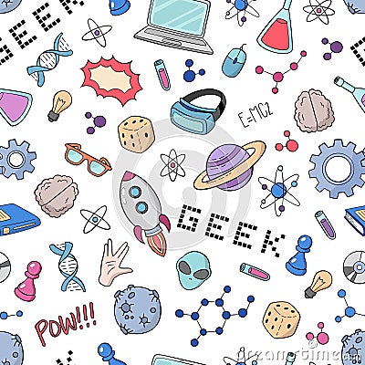 Seamless vector background, wallpaper, texture, backdrop pattern. Set of doodle cartoon icons geek, nerd, gamer Vector Illustration