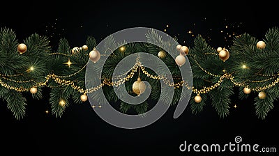seamless vector banner showcasing intricately detailed green fir branches and golden lights Stock Photo