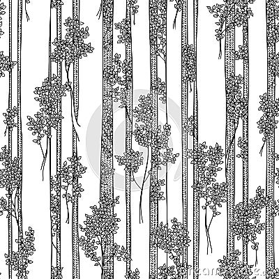 Seamless vector black and white pattern with trunks and branches of high deciduous trees with straight trunks Vector Illustration